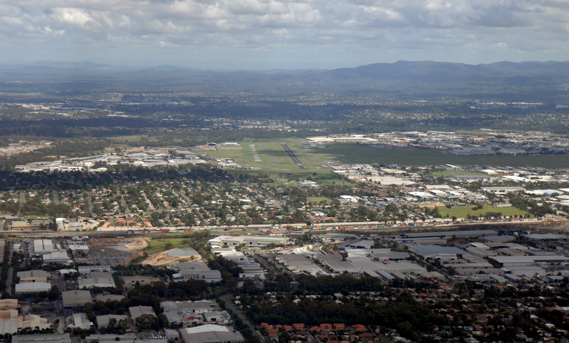 Archerfield aerial view, inbound from the east and looking north west at Target. Photographed for the Archerfield Visual Pilot Guide, 2010.