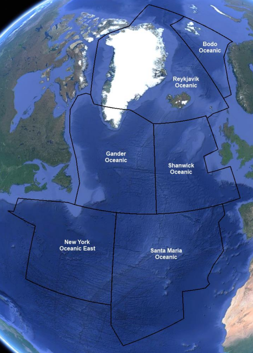 Earth's surface marked with the 6 oceanic control areas that link Europe and North America.  The borders of each control area is outlined in black with the name labelled in white text. The airspace covers Bodo Oceanic, Gander Oceanic, New York Oceanic East, Reykjavik, Santa Maria and Shanwick, excluding the Shannon and Brest Ocean Transition Areas.