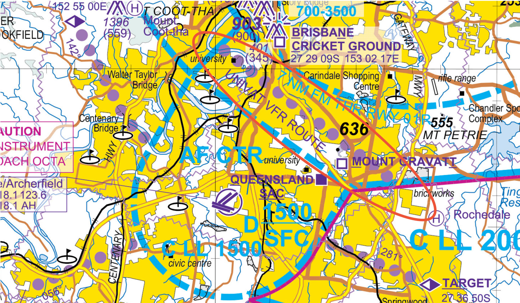Visual Terminal chart with a highlighted area showing the location of the UNIVAT VFR ROUTE. This route runs from approximately the brickworks to the University of Queensland.