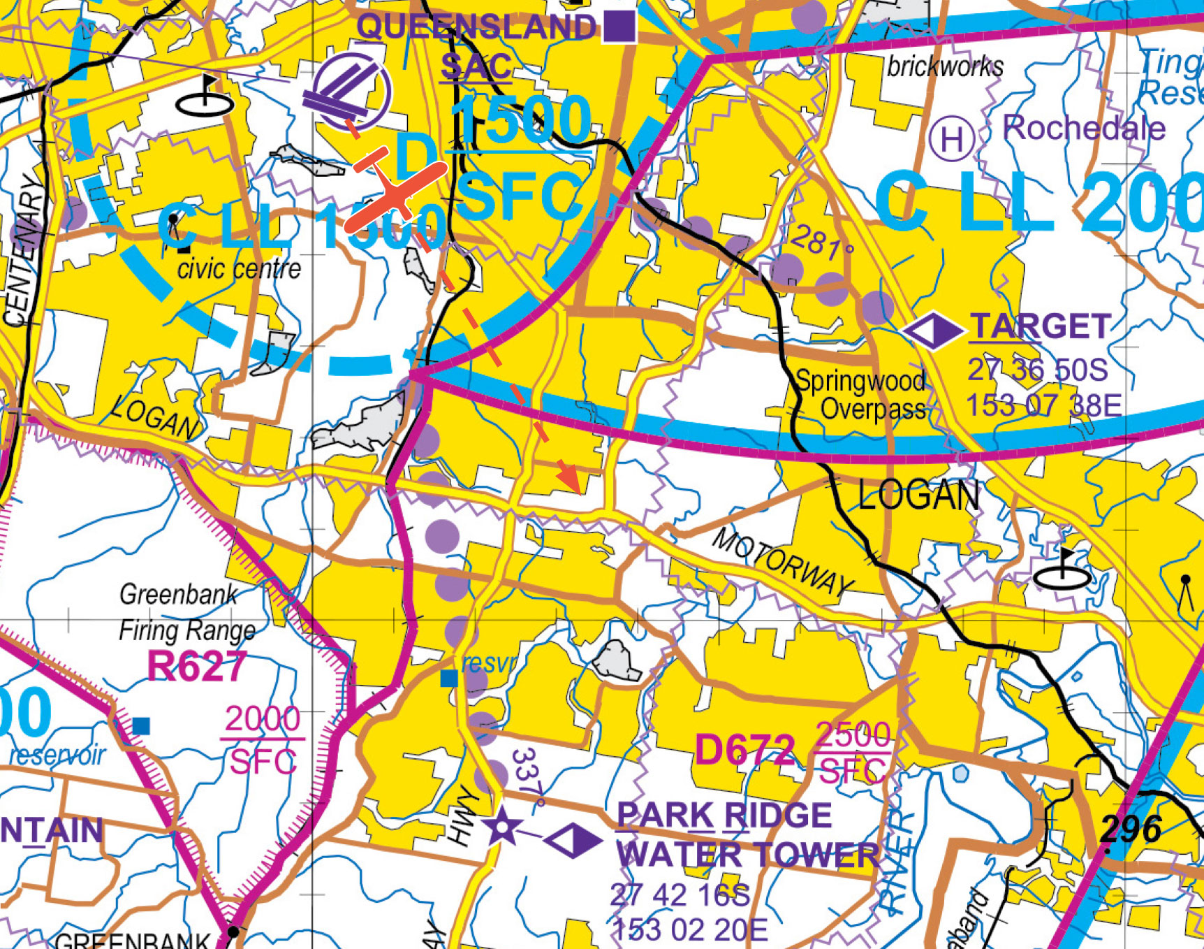 A map of Brisbane airspace southVisual Terminal chart with an aircraft overlaid depicting departure from Archerfield aerodrome tracking to the south of Brisbane.