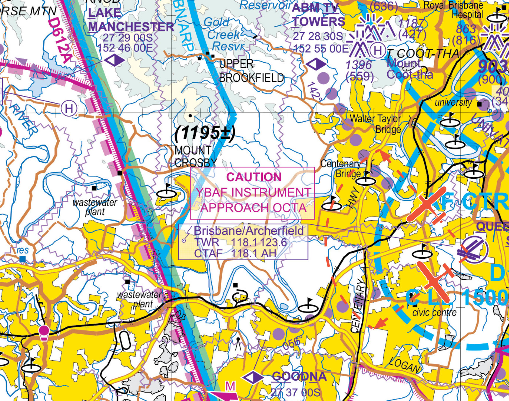 Visual Terminal chart with aircraft overlaid depicting departure from Archerfield aerodrome tracking to the west of Brisbane.