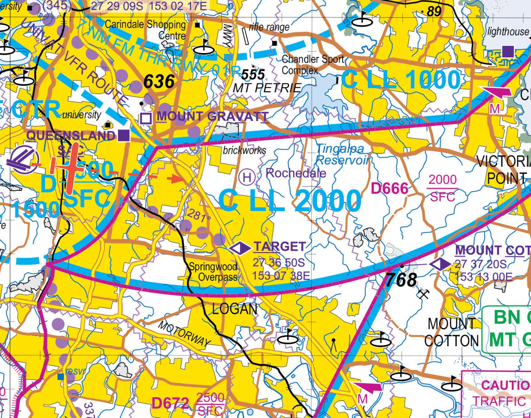 Visual Terminal chart with an aircraft overlaid depicting departure from Archerfield aerodrome tracking to the east to overhead the Gateway Motorway/Pacific Motorway intersection.