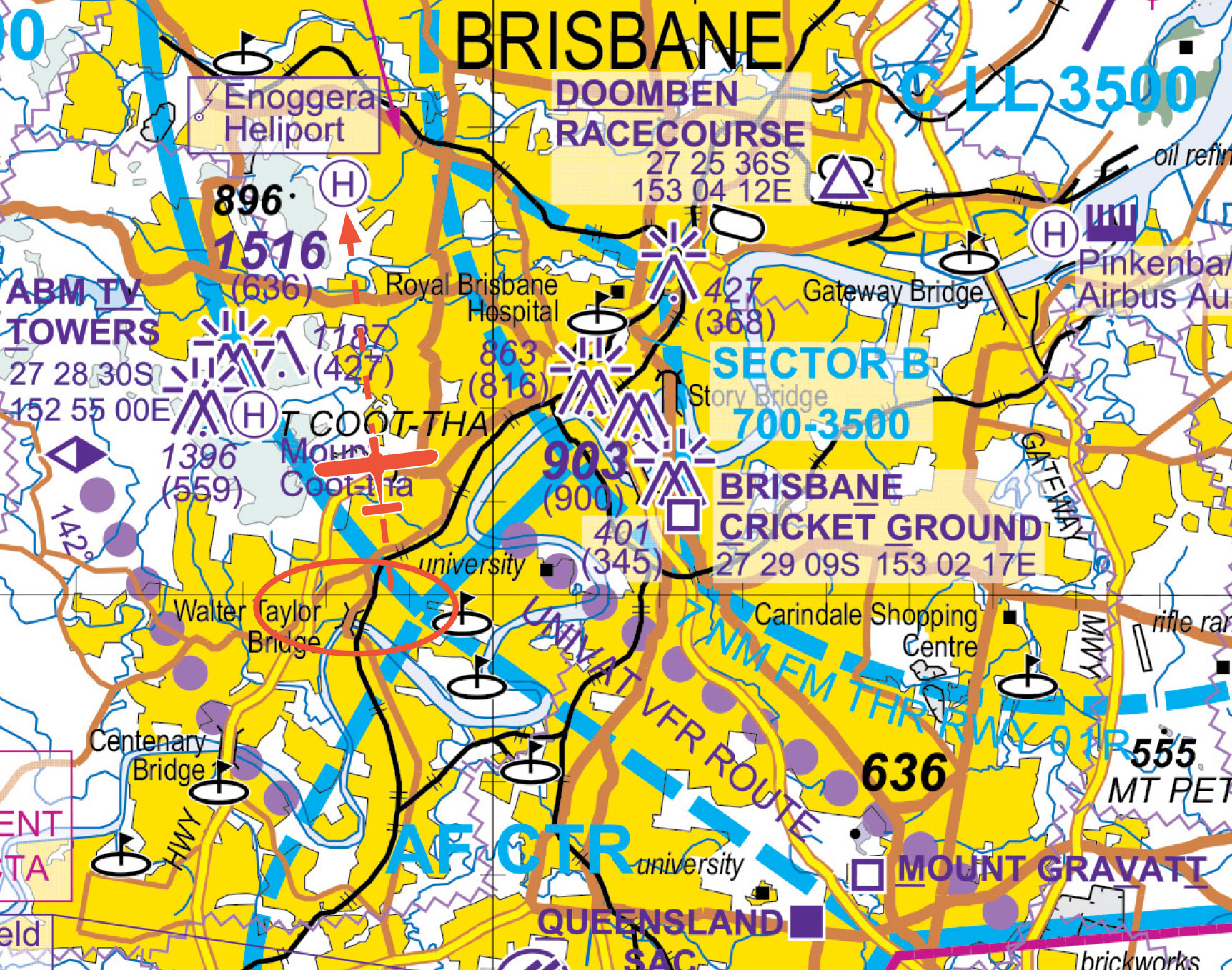 Visual Terminal chart with an aircraft overlaid depicting departure from Archerfield aerodrome tracking to the north of Brisbane via Walter Taylor Bridge, then east of the TV towers.