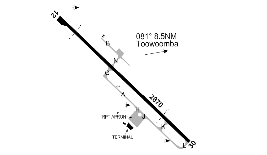 Brisbane West Wellcamp (YBWW) aerodrome layout map