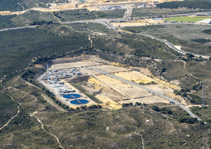 An aerial view of the Alkimos water treatment plant, looking east