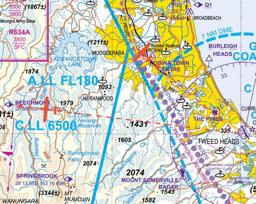 A map of Gold Coast airspace north, showing planes tracking to Robina town centre and Beechmont from Gold Coast airport