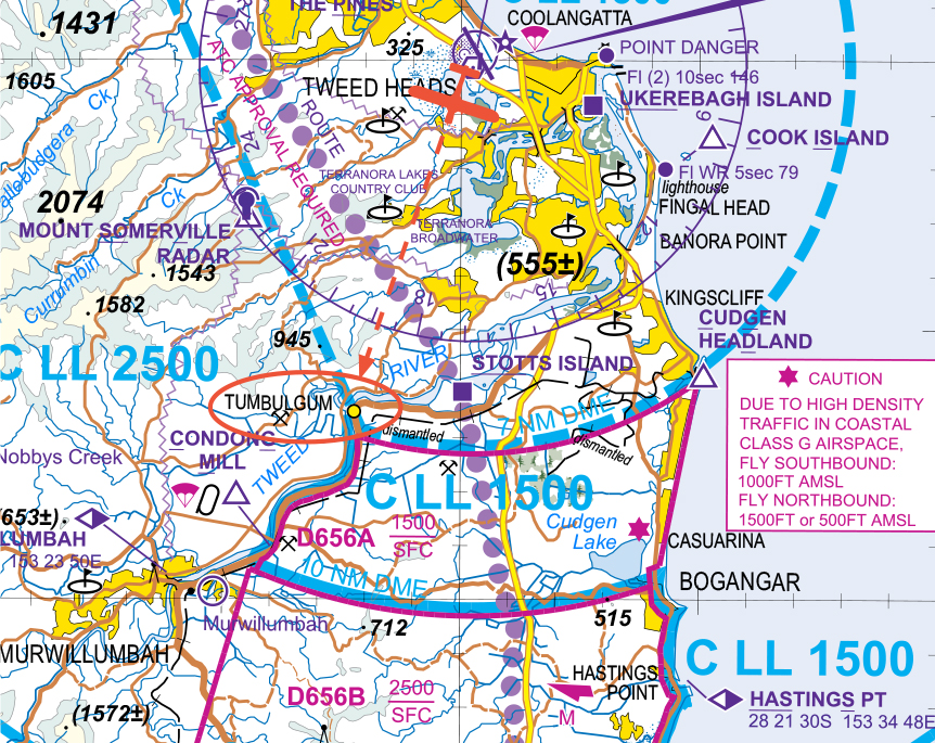 A map of Gold Coast airspace south showing a plane tracking to Tumbulgum from the Gold Coast airport