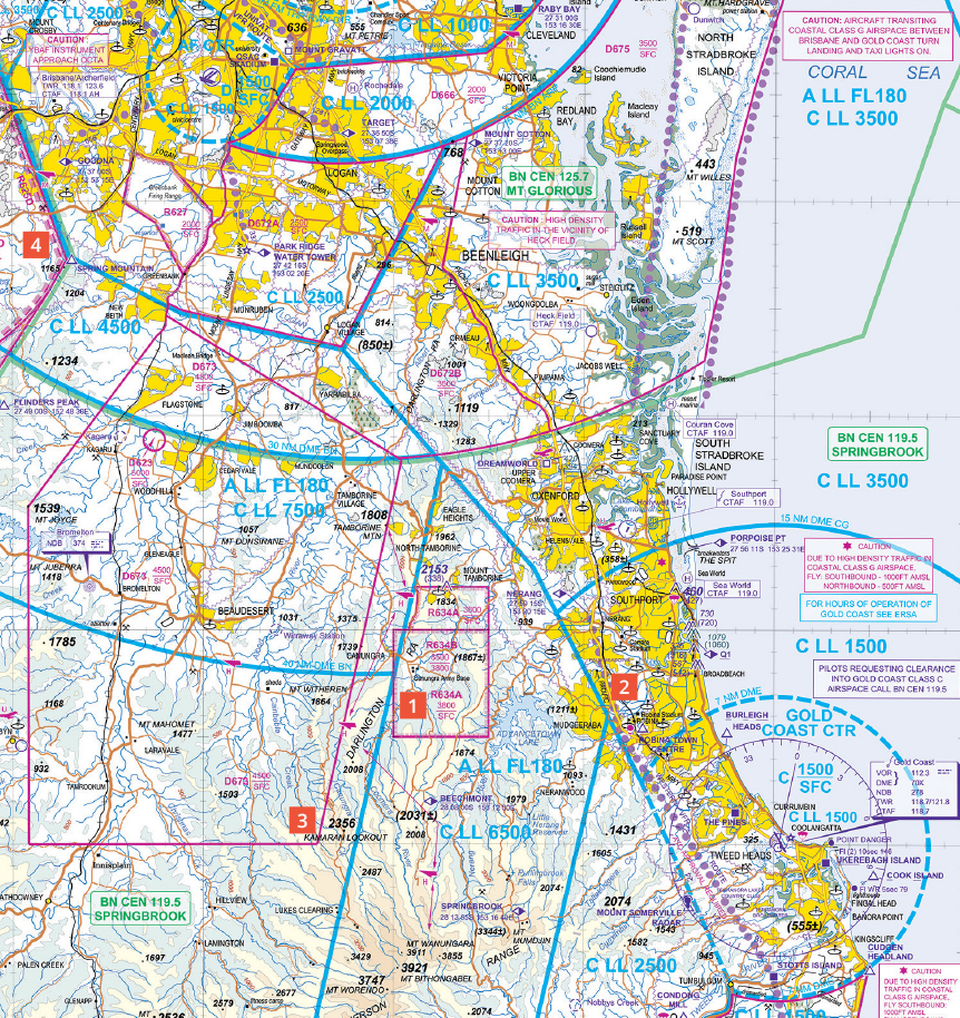 A map displaying airspace infringement hotspots in the area to the north of the Gold Coast