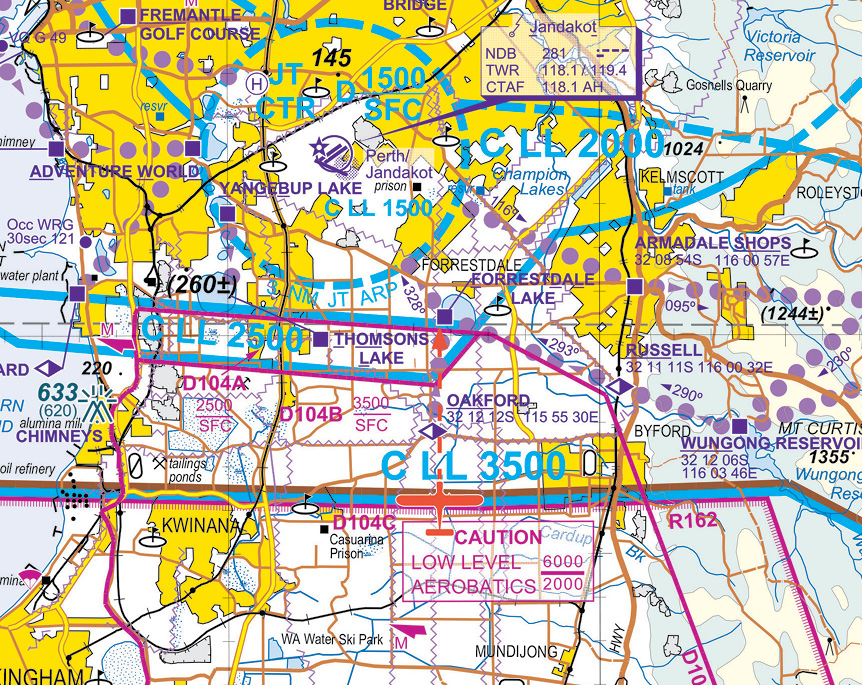 A map of Perth airspace south, showing a plane tracking from Oakford to Forrestdale Lake