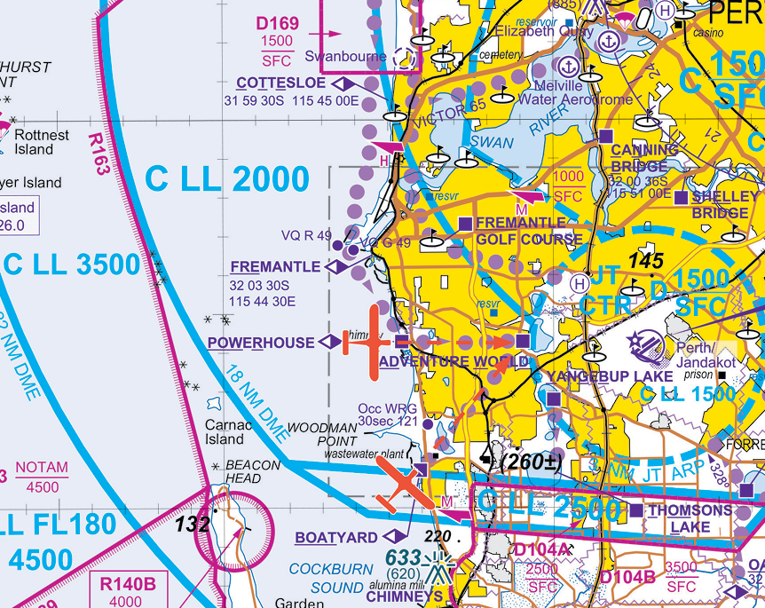 A map of Perth airspace west, showing airplanes tracking from the boatyard and powerhouse to Adventure World