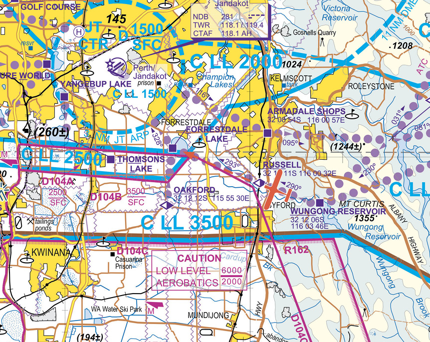 A map of Perth airspace east, showing a plane tracking from the Wugong Reservoir to Russel