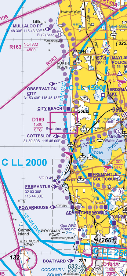 A map of Perth airspace west, showing the route along the coast west of Perth
