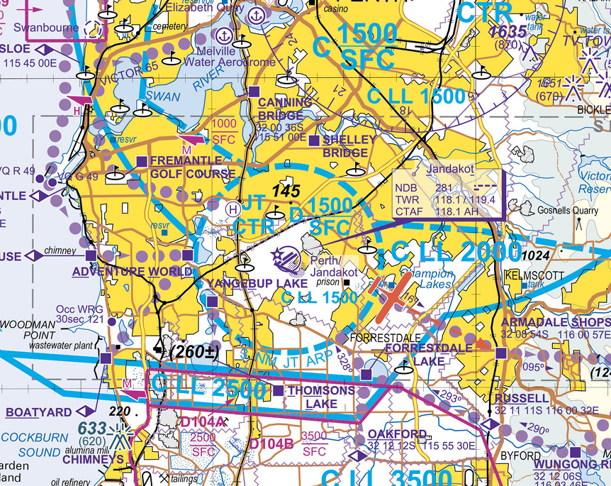 A map of Perth airspace east, showing a plane tracking from Jandakot aerodrome to the Armadale shops