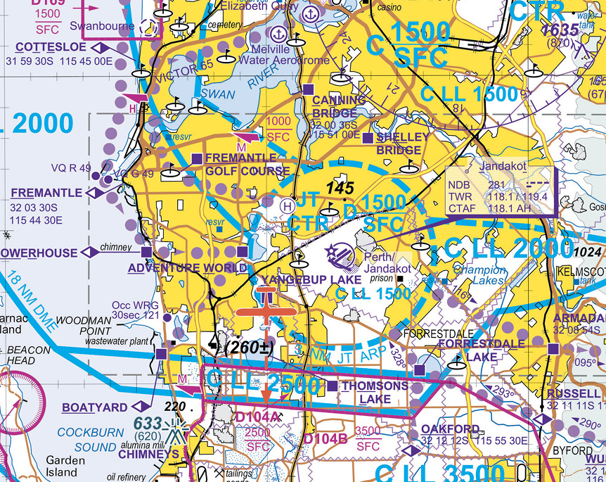 A map of Perth airspace south, showing a plane tracking from Yangebup Lake to Thomsons Lake