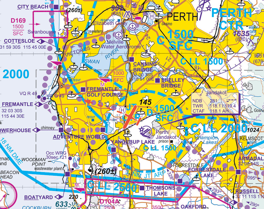A map of Perth airspace west, showing an aeroplane tracking from the Fiona Stanley Hospital to the Fremantle golf course