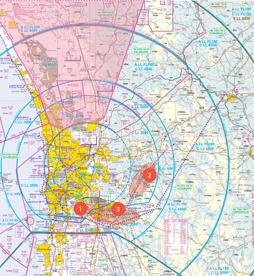 A map of Perth airspace with the airspace infringment hotspots at Forrestdale Lake, the Helena River Reservior, and the Armadale shops marked.