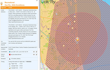 A map of the airspace restrictions for the Gold Coast airspace during the Pacific Airshow
