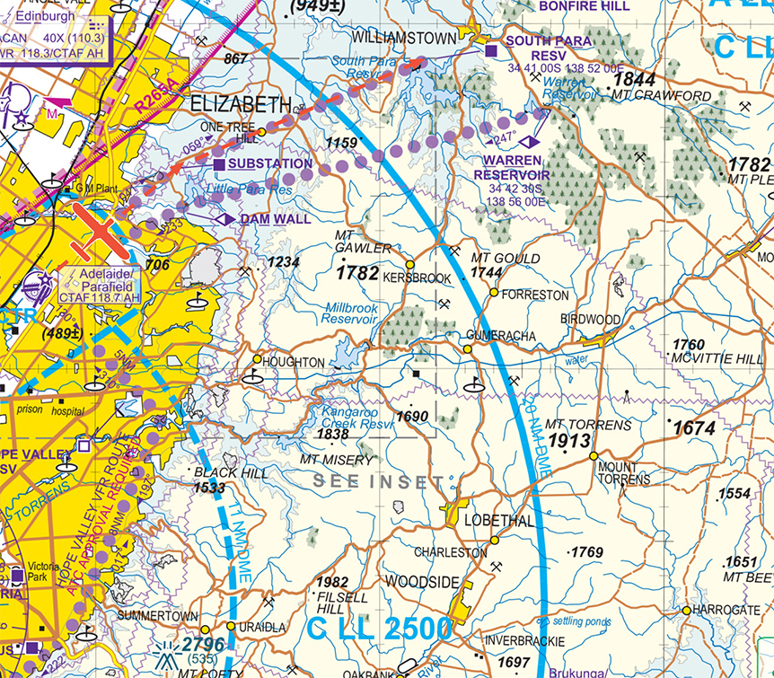 A Visual Terminal Chart showing the area to the east of Parafield aerodrome, showing an outbound aeroplane tracking outbound to the substation then the South Para Reservior, and the track of incoming planes between the Warren Reservoir and Dam Wall.