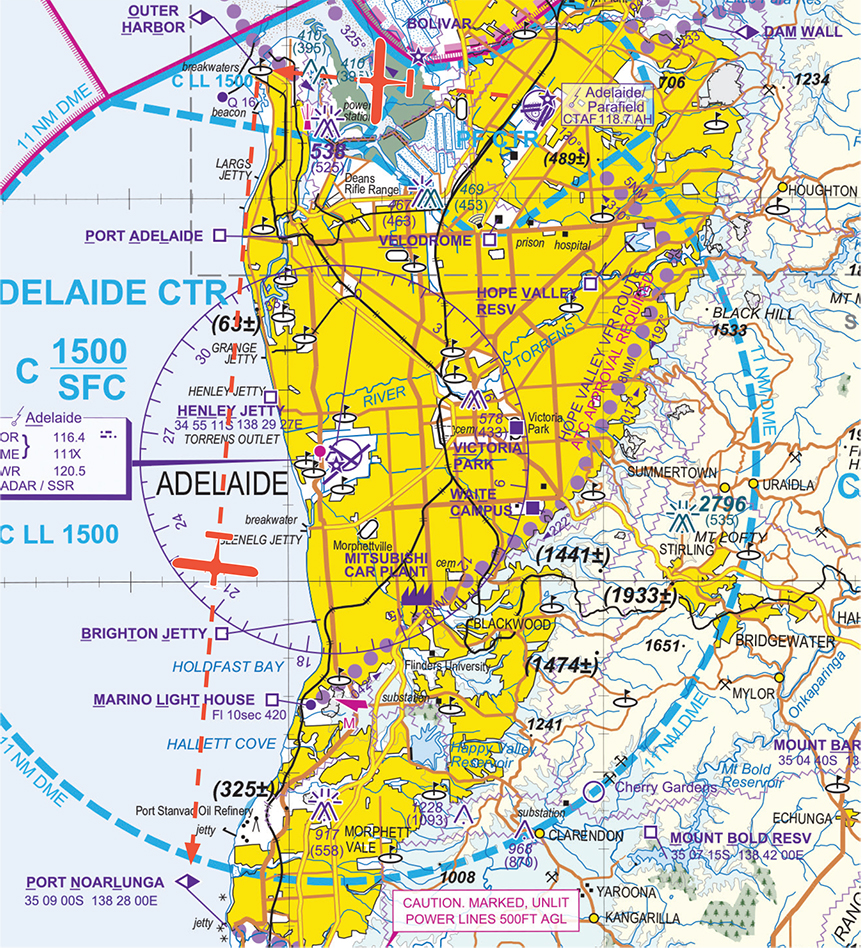 A Visual Terminal Chart depicting an aircraft departing from Parafield airport and tracking to Outer Harbour then south to Port Noarlunga