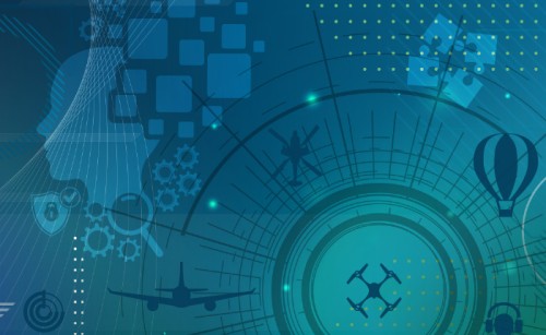 Abstract art featuring circles, a human head exploding into squares, puzzle pieces, gears, and various types of aircraft