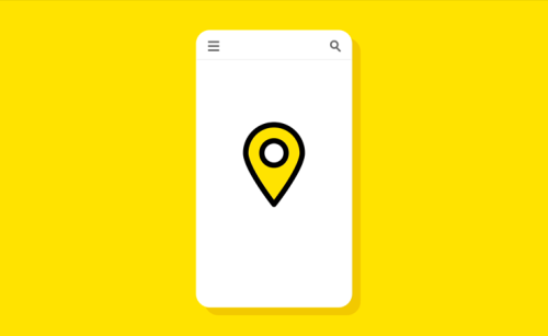 A graphic of a white cell phone with a yellow "location pin" symbol in the centre, on a solid yellow background