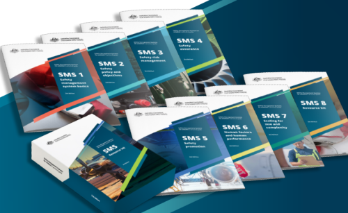 Printed copies of all eight booklets in the SMS resource kit, along with the box they come in.