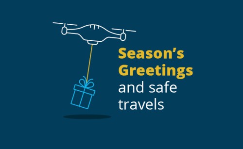 A drone carrying a present by a string. Text: "Season's Greetings and safe travels"