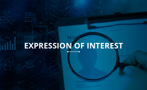 Someone holding a magnifying glass over a the outline of a person's head on a piece of paper held on a clipboard. Around the clipboard, business-related symbols hover. "Expression of interest" is printed over the top, in the centre of the image.