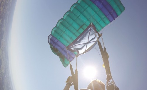 An image of a green-and-blue parachute extending above the parachutist taking the photo