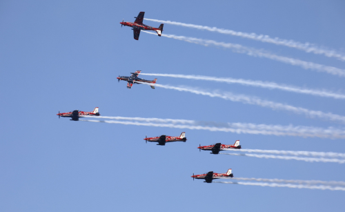 RAAF stunt planes flying in formation trailing smoke