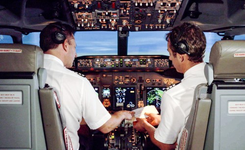 Two pilots flying a plane together