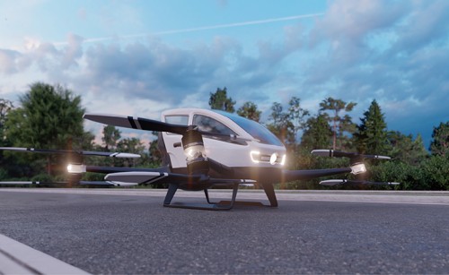 An advanced aerial mobility "flying car" parked on pavement