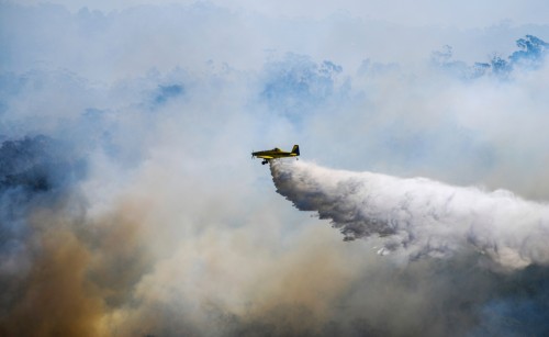 An aeroplane surrounded by smoke dropping water onto a bushfire below