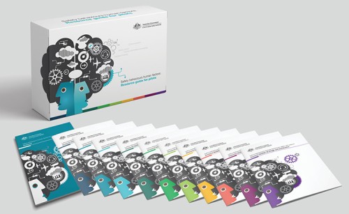 The booklets of the Safety Behaviours: Human Factors for pilots kit arranged in a row with their storage box sitting behind them