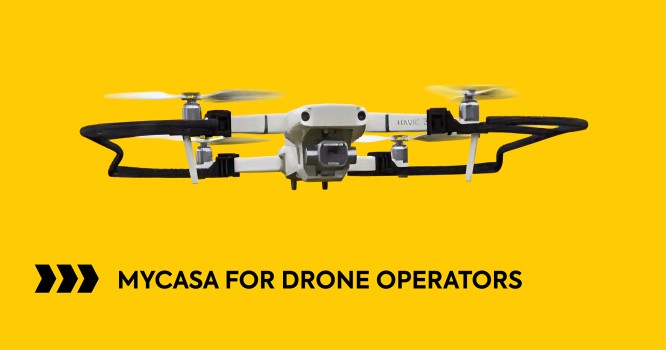 image of a flying drone with myCASA for drone operators text underneath