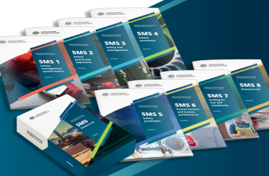 Printed copies of all eight booklets in the SMS resource kit, along with the box they come in.