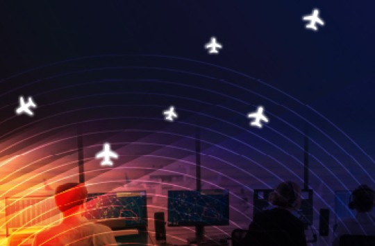 A photo of air traffic controllers at work on their computers, with a graphic of an air traffic screen with concentric circles and aircraft symbols superimposed over it