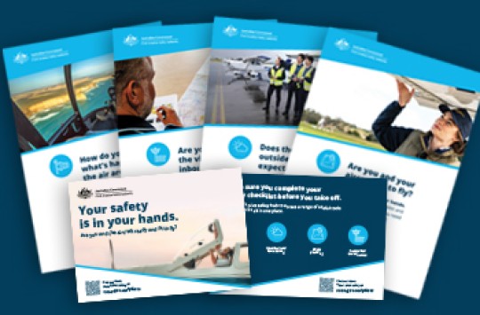 A thumbnail of the cover pages of the different pilot safety campaign resources fanned out across a dark blue background