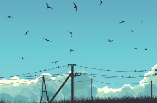 A number of birds flying through the air above a set of power lines with more birds sitting down on them