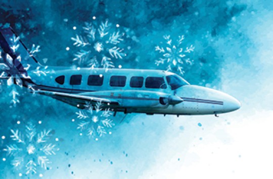 An airplane flying through a foggy blue background, with snowflake images around it
