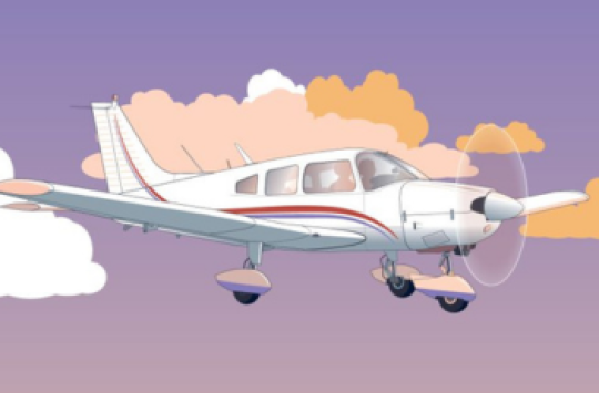 A white plane flying across a purple sky, with orange clouds behind it.