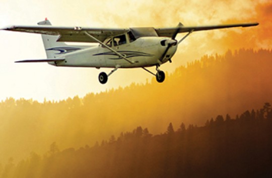 A plane flying above the bush, the sky behind them smoky and yellow