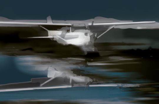 A blurry plane landing with a reflection on the water underneath it