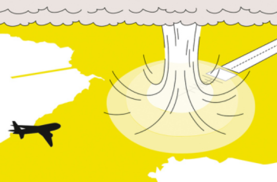 A graphic of aeroplane flying towards a runway to land, with a downburst between them