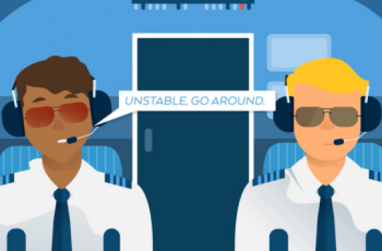 Cartoon of 2 pilots in cockpit with 1 saying - unstable go around
