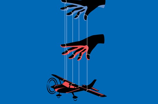 A plane hanging on marionette strings tied around the fingers of two hands above it