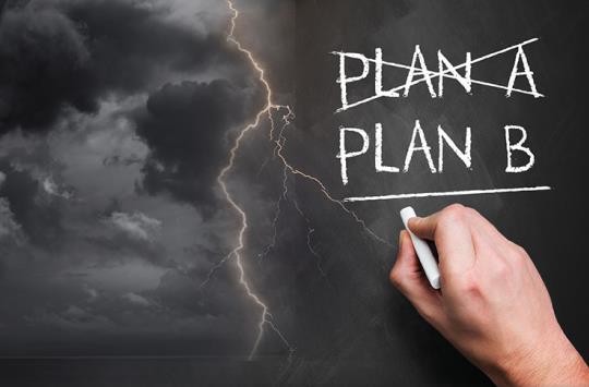 A dark thunderstorm cloud with a bolt of lightning. Next to it, a hand holding a piece of chalk has crossed out "Plan A" and written "Plan B"