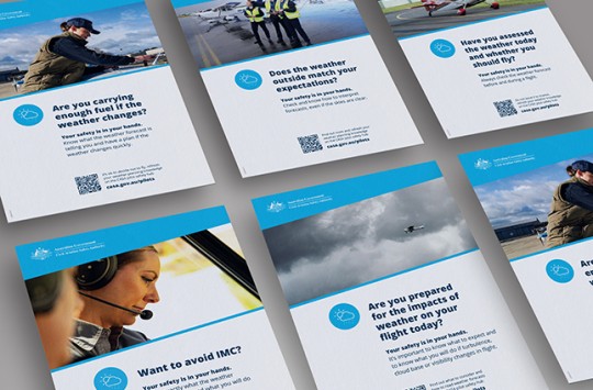 Six weather posters arranged in a grid pattern