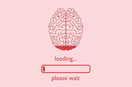 A human brain over a computer loading bar, that states "Loading... please wait"