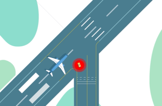 Infographic of a plane landing on a runway with a truck ahead of it, highlighted in red